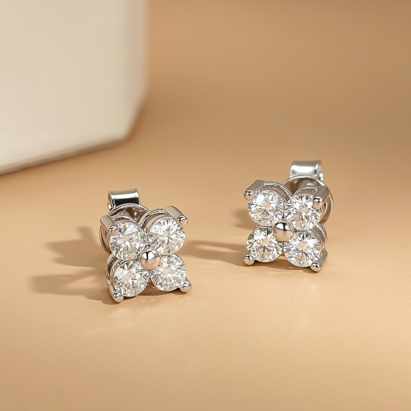 3mm round D-color VVS1 moissanite stud earrings set in a polished silver setting, shown close-up to highlight clarity and sparkle.