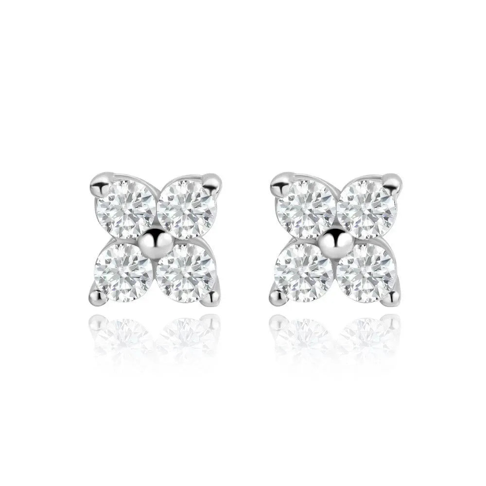 3mm D-color VVS1 moissanite stud earrings in a simple polished silver setting, shown close-up to emphasize brilliance and clarity.