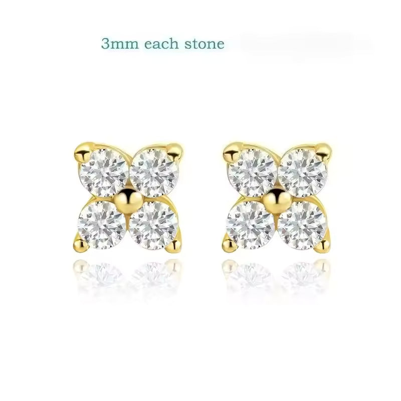 3mm D-color VVS1 moissanite stud earrings in a polished silver setting, showing clear sparkle in a close-up view.