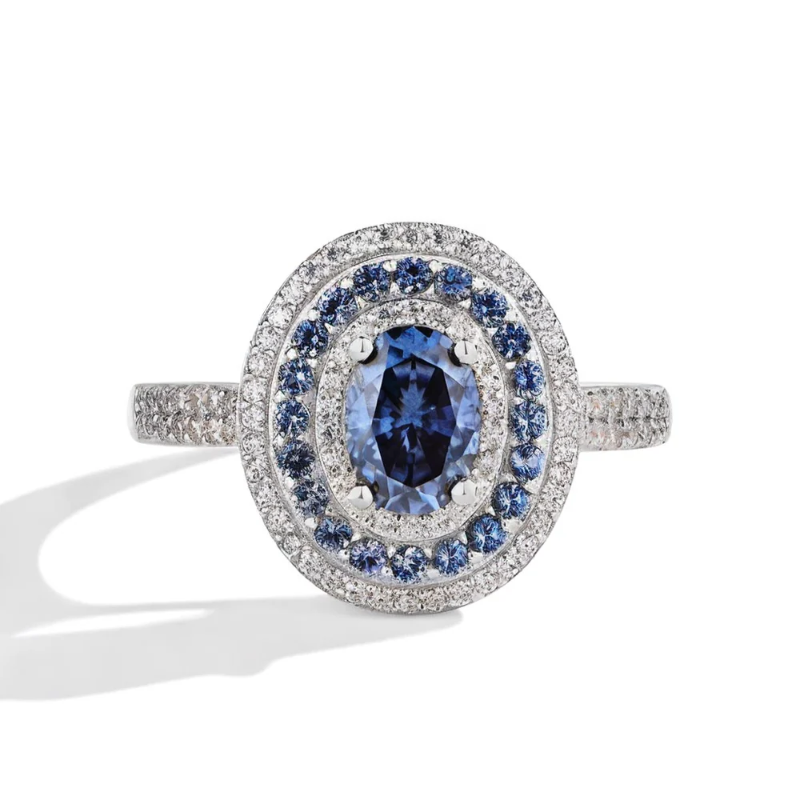 Blue Oval Cut Moissanite Ring