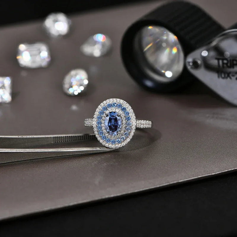 Blue Oval Cut Moissanite Ring