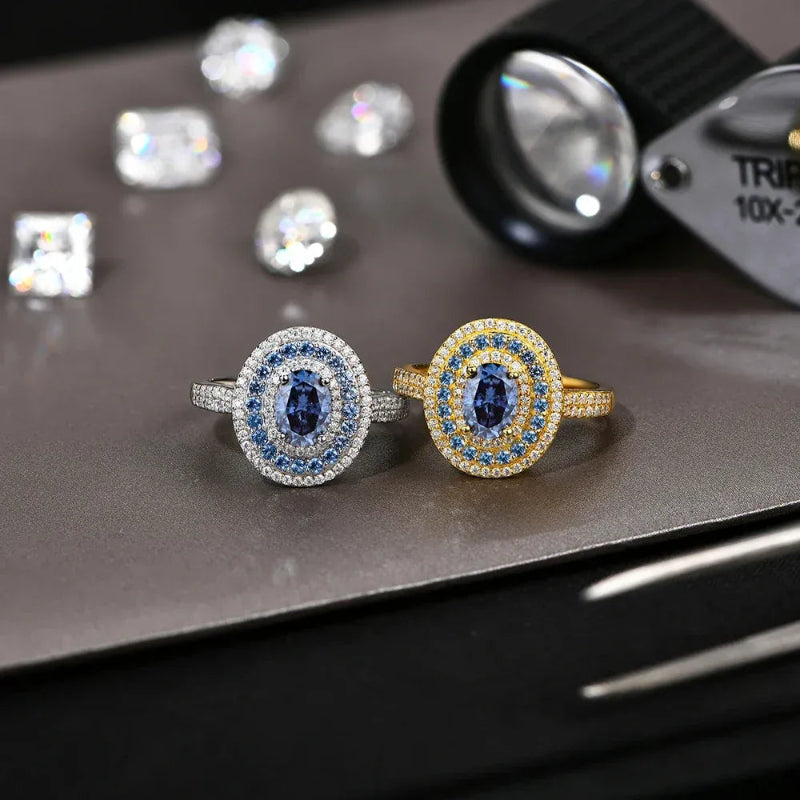 Blue Oval Cut Moissanite Ring