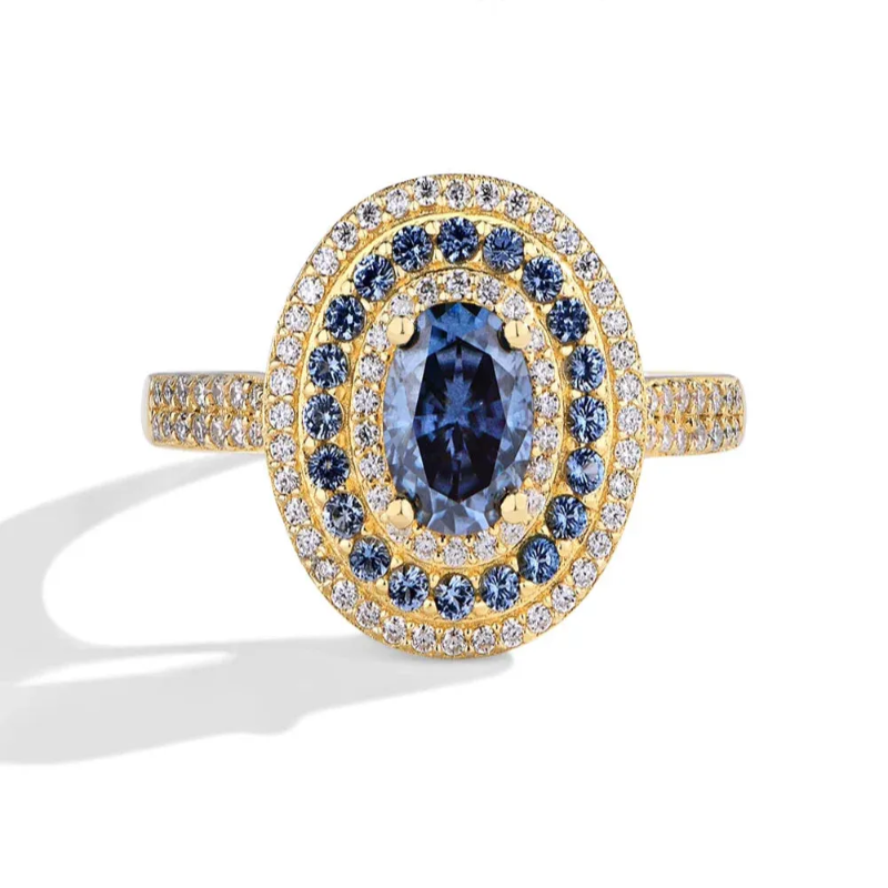 Blue Oval Cut Moissanite Ring