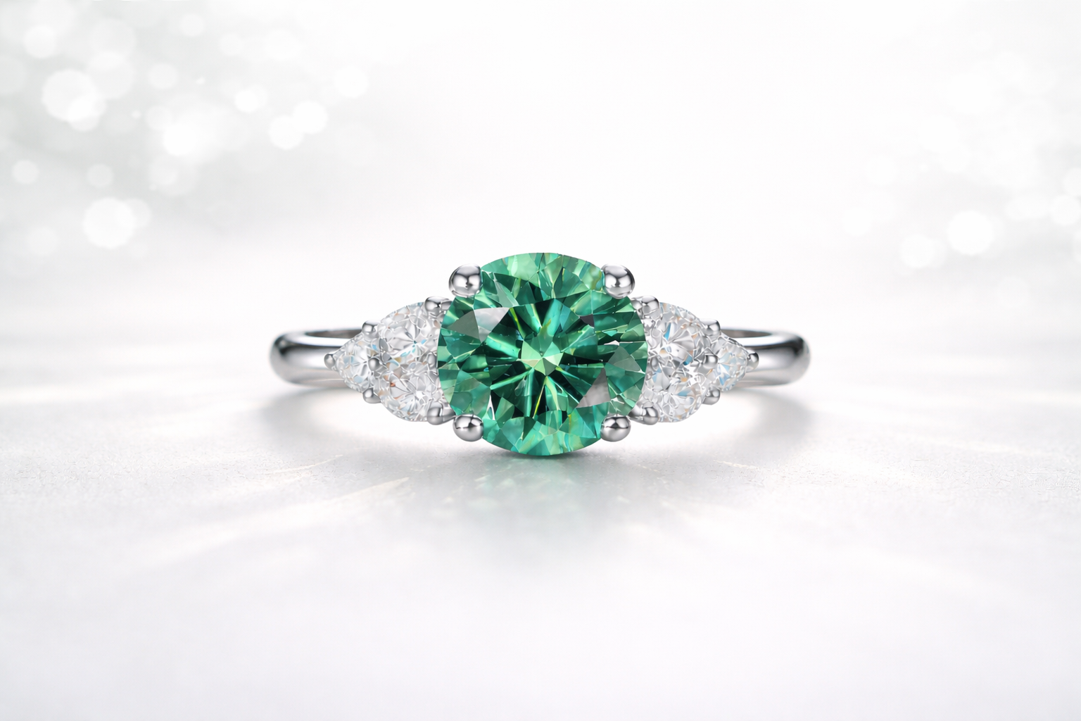 Blue green color moissanite engagement ring with 3ct round cut center stone by Lina Gems