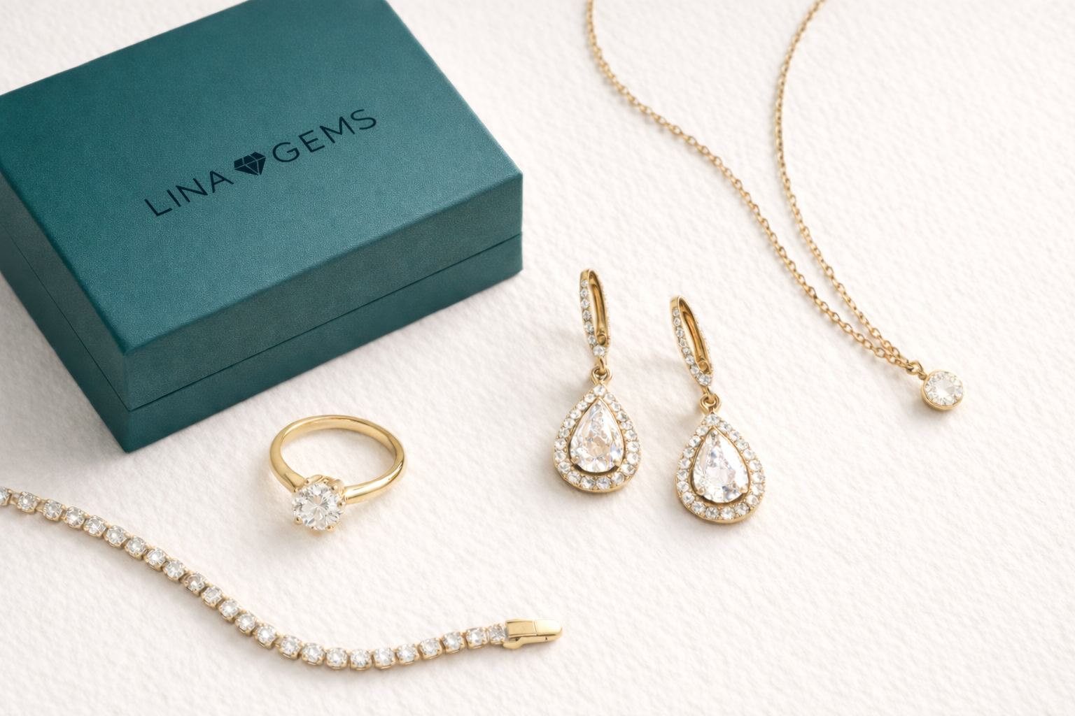 Luxury gold and diamond jewelry set displayed with Lina Gems magnetic jewelry box